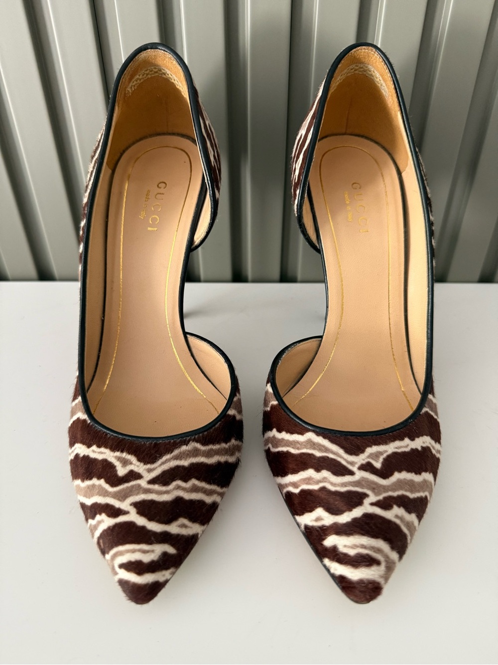 Gucci Brown & White Zebra-Print D'Orsay Pointed-Toe Pumps